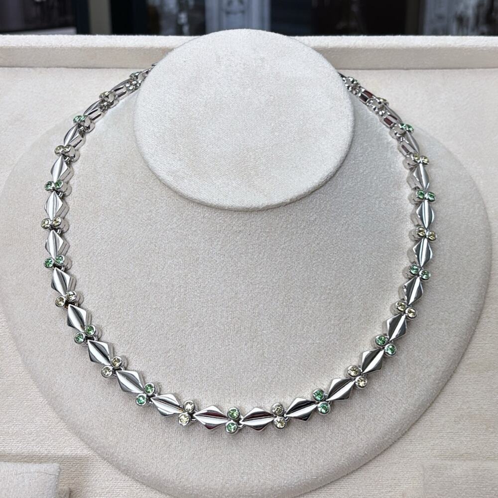 D’Orlan Rhodium Plated Green Swarovski Crystals Necklace 16-17 Length
